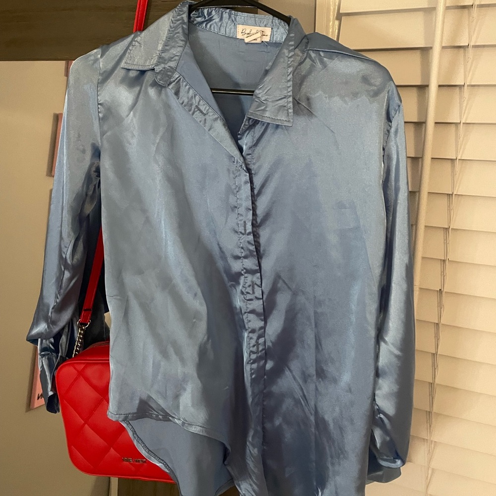 Blue Satin Button down shirt. Size Small.